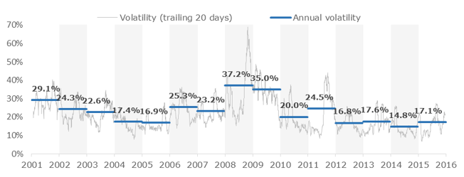 Annual and short-term volatility of WIG20
